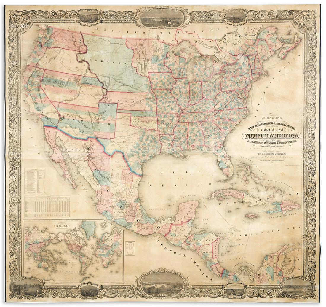 (NORTH AMERICA -- WALL MAP.) D. Griffing Johnson. Johnsons' New Illustrated & Embellished County Map (1 of 1)