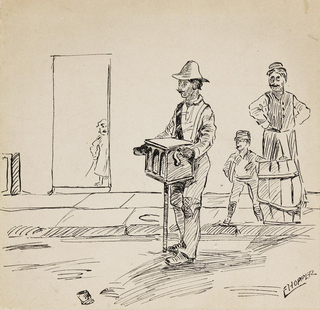 Edward Hopper Street Scene With A Man Playing An Organ Grinder.