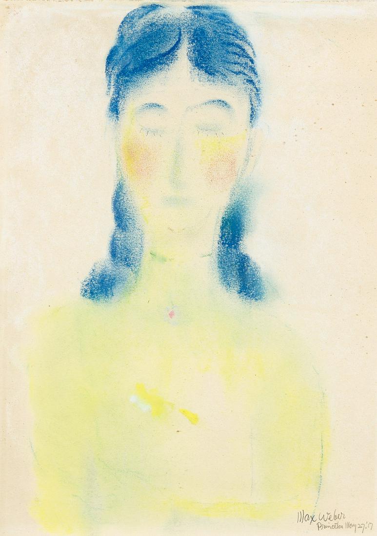 MAX WEBER Woman with Closed Eyes.: MAX WEBER Woman with Closed Eyes. Color pastels on paper, 1917. 310x228 mm; 12¼x9 inches. Signed and dated "Princeton, May 27, '17" in pencil, lower right recto.Provenance: Private collection, Ch