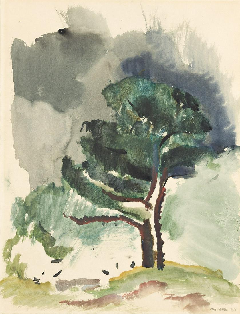 MAX WEBER Pine Trees.: MAX WEBER Pine Trees. Watercolor and gouache on paper, 1917. 380x276 mm; 15x10 inches. Signed and dated in pencil, lower right recto.Provenance: Downtown Gallery, New York; Richard D. Brixey, New York