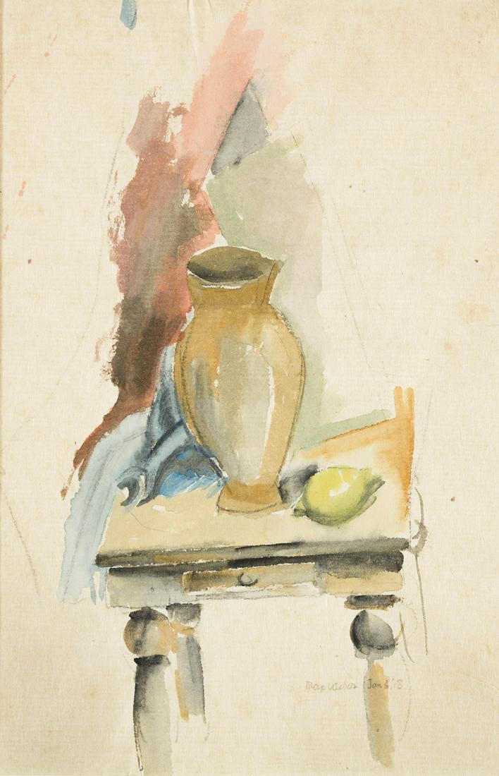 MAX WEBER Still Life with a Vase and Lemon.: MAX WEBER Still Life with a Vase and Lemon. Watercolor and pencil on paper, 1918. 321x218 mm; 12¾x8¾ inches. Signed and dated "Jan. 6, '18" in pencil, lower right recto.Provenance: Private c