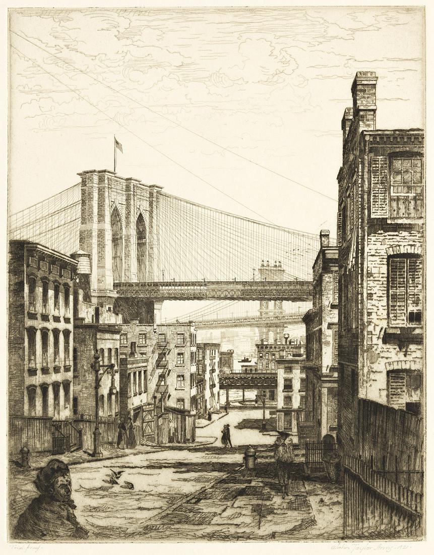 JOHN TAYLOR ARMS Cobwebs (Brooklyn Bridge).: JOHN TAYLOR ARMS Cobwebs (Brooklyn Bridge). Etching printed in dark brownish black, 1921. 245x192 mm; 9x7½ inches, full margins. One of only 10 artist's proofs, aside from the edition of 75. Sign