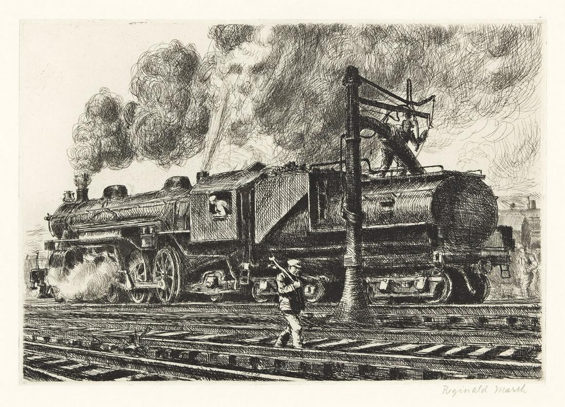 REGINALD MARSH Loco--Erie Watering.: REGINALD MARSH Loco--Erie Watering. Etching, 1929. 178x253 mm; 7x10 inches, full margins. Fourth state (of 4). Edition of approximately 50. Signed in pencil, lower right. A superb, dark impression.Bor