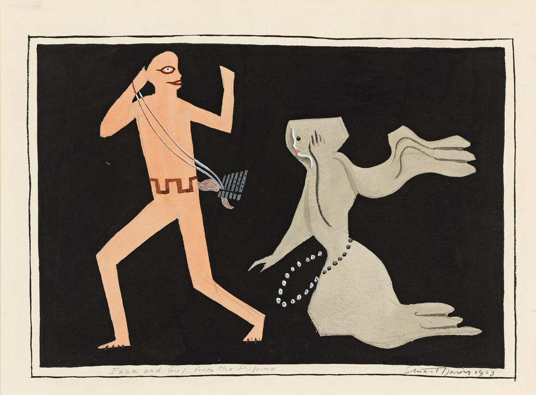 STUART DAVIS Faun and Girl from The Puritans.: STUART DAVIS Faun and Girl from The Puritans. Gouache, pencil and ink on paper, 1923. 470x600 mm; 18½x23 inches. Signed and dated in gouache and titled "Faun and Girl from the Pilgrims" in pencil