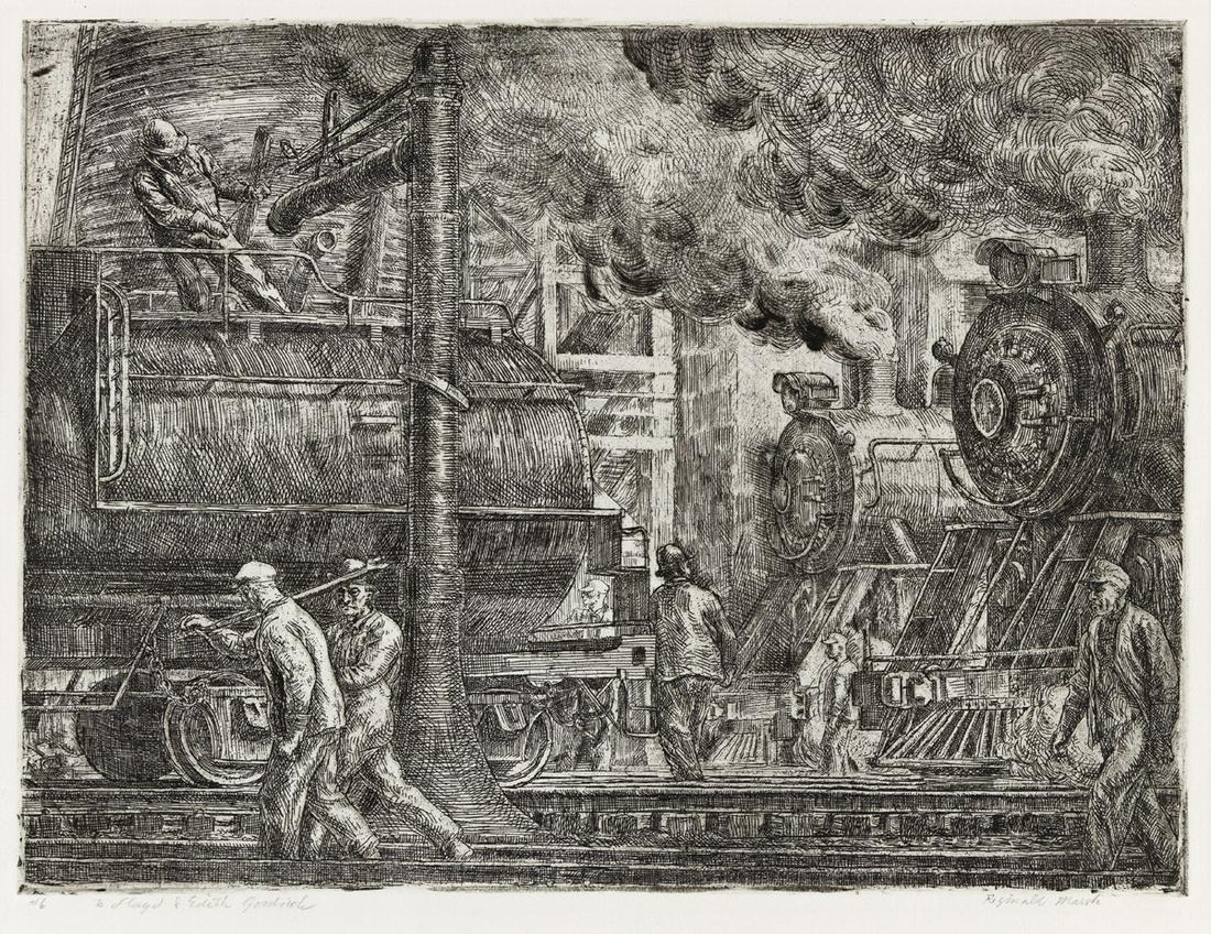 REGINALD MARSH Erie R. R. Locos Watering.: REGINALD MARSH Erie R. R. Locos Watering. Etching, 1934. 229x306 mm; 9x12 inches, wide margins. Eighth state (of 8). Edition of approximately only 18. Signed, dedicated and inscribed "#6" in pencil, l