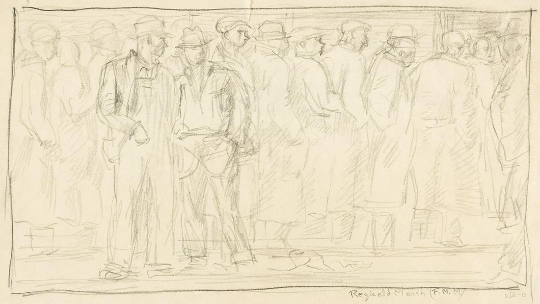 REGINALD MARSH Bread Line.: REGINALD MARSH Bread Line. Pencil on cream wove paper, circa 1930. 214x353 mm; 8x13 inches. Signed "Reginald Marsh," by the artist's wife, Felicia Marsh, and with the estate inventory number "D IV-13"