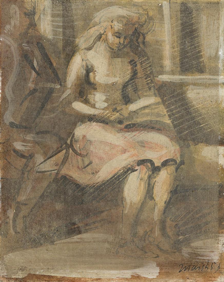 REGINALD MARSH Woman Seated in a Train Car.: REGINALD MARSH Woman Seated in a Train Car. Gouache and watercolor on illustration board, 1953. 125x100 mm; 5x4 inches. Signed and dated in ink, lower right recto.Provenance: Private collection, Flori