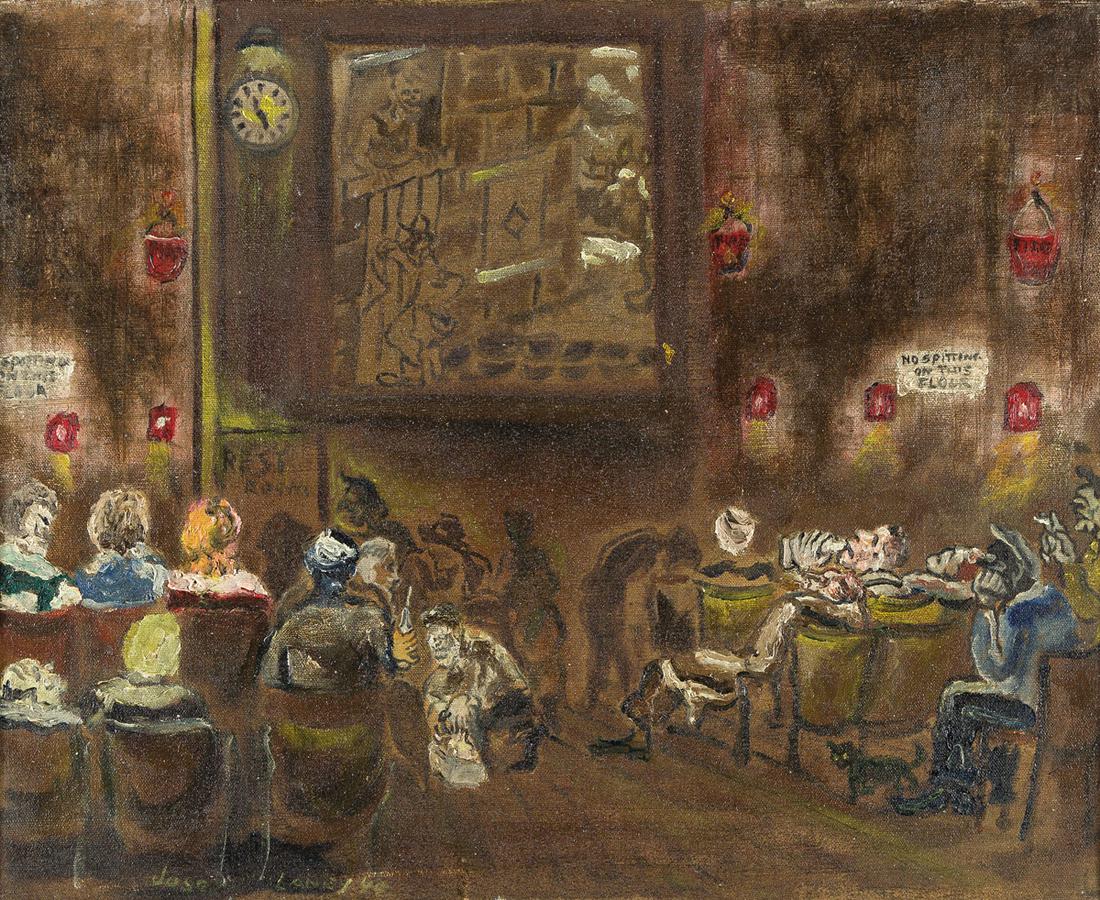 JOSEPH DELANEY Third Avenue Movie.: JOSEPH DELANEY Third Avenue Movie. Oil on canvas, 1940. 430x535 mm; 17x21 inches. Signed and dated in oil, lower left recto and signed, titled and with the artist's address in oil on the stretcher, ve