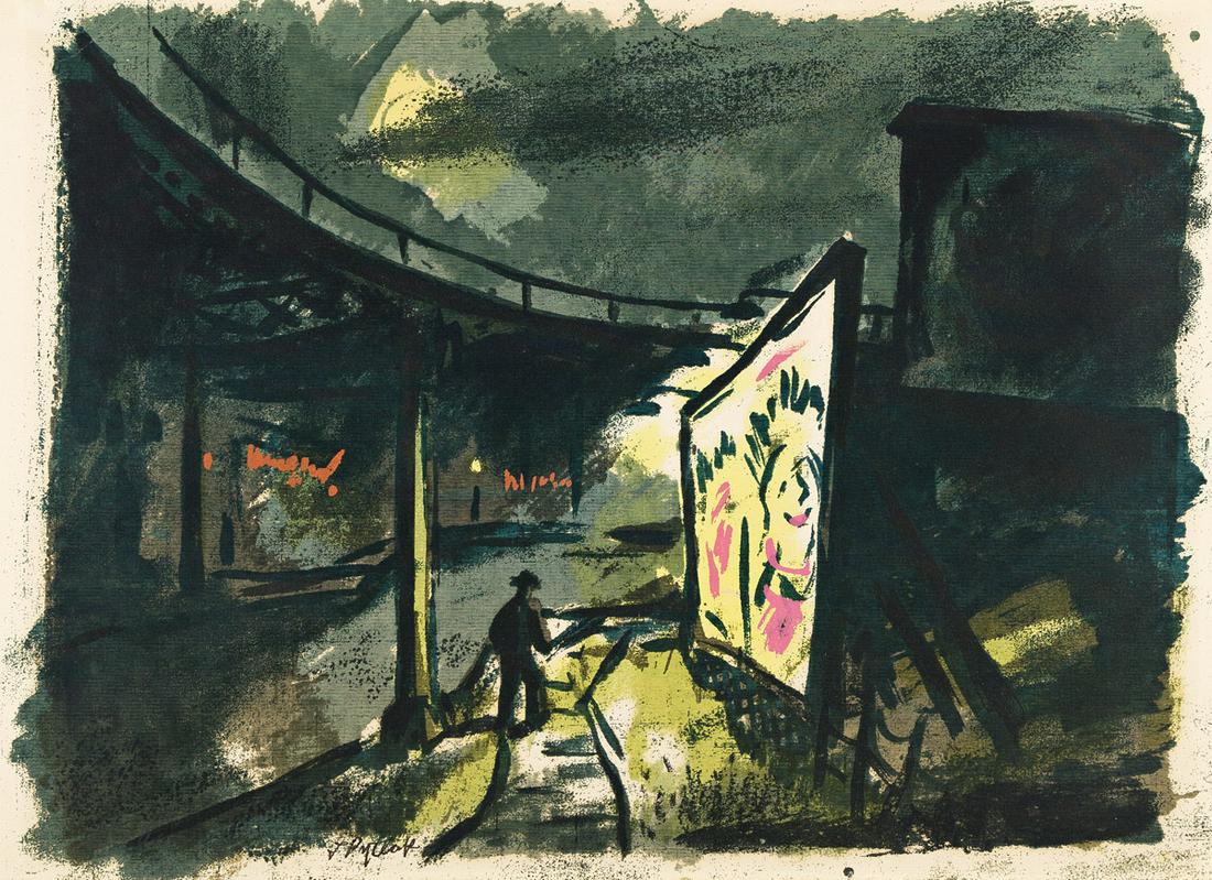 LEONARD PYTLAK Under the Overpass.: LEONARD PYTLAK Under the Overpass. Color screenprint, circa 1940. 328x430 mm; 12x16 inches, full margins. Signed in pencil, lower left. A very good impression of this extremely scarce print.Pytlak (19