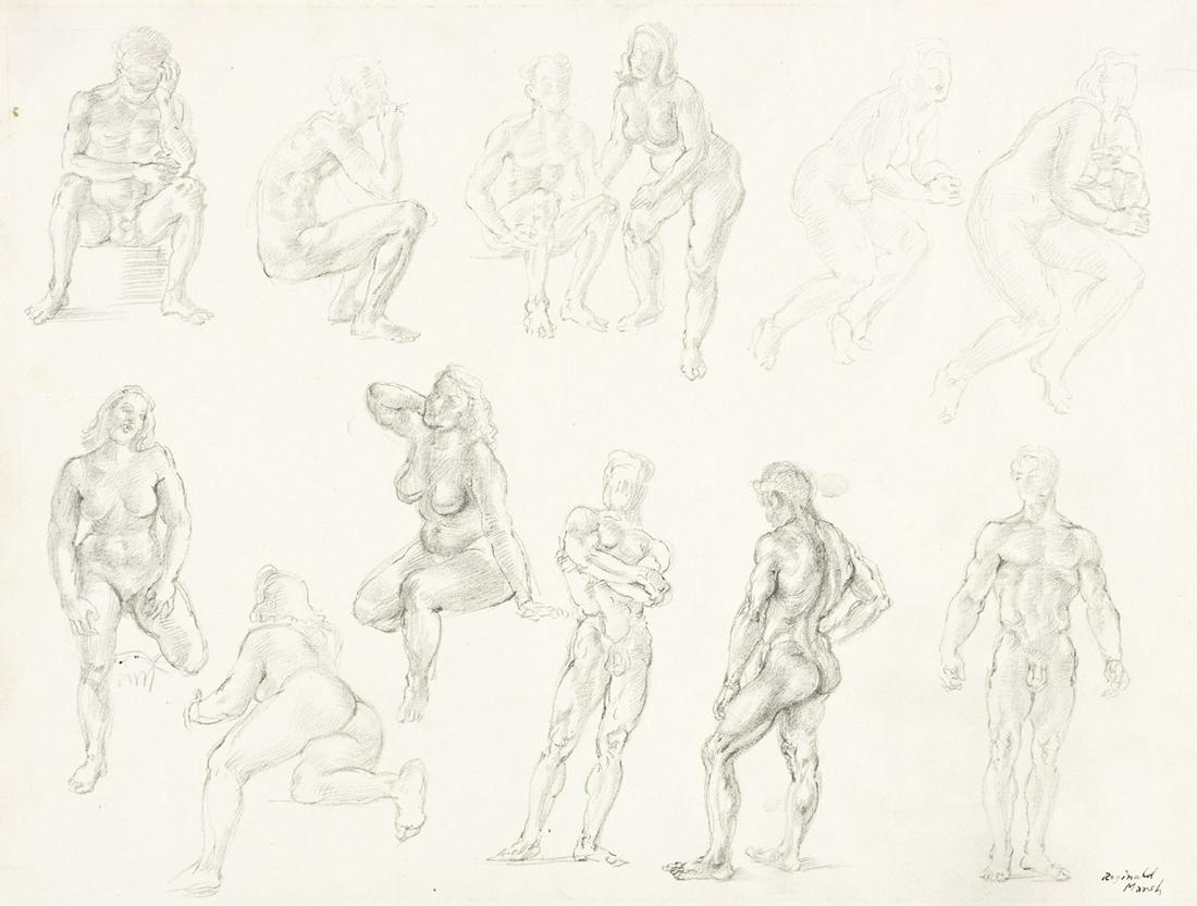 REGINALD MARSH Sheet of Figure Studies.: REGINALD MARSH Sheet of Figure Studies. Pencil on wove paper, circa 1940. 226x303 mm; 8x12 inches. Initialed in pencil, lower left recto, and signed in ink, lower right recto. Property of The Museum o