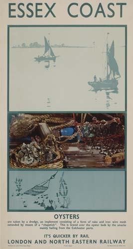Poster FRANK H. MASON. FRANK H. MASON ESSEX CO: FRANK H. MASON. ESSEX COAST / OYSTERS. 39 1/4x24 1/4 inches. Ben Johnson & Co., York. Condition A-: repaired tears and creases in margins and image. A detailed rendering of oysters in shades