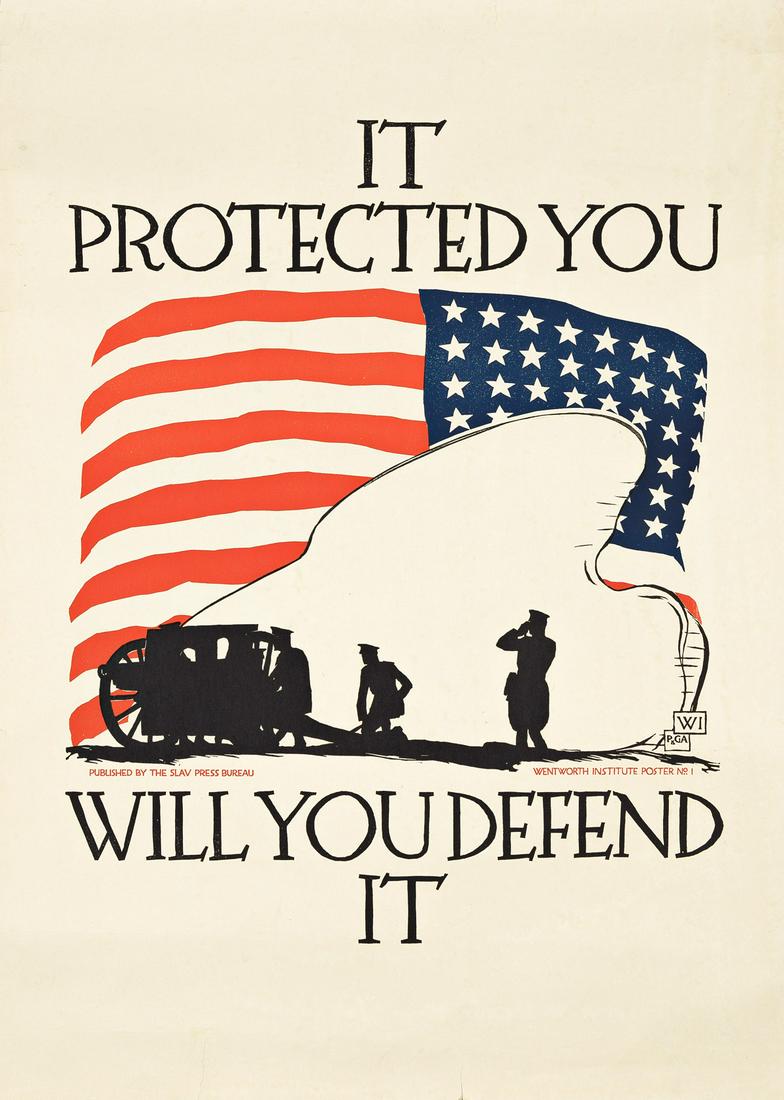 VOJTECH PREISSIG (1873-1944). IT PROTECTED YOU / WILL YOU DEFEND IT. 1917. 35x25 inches, 89x63½: VOJTECH PREISSIG (1873-1944) IT PROTECTED YOU / WILL YOU DEFEND IT. 1917. 35x25 inches, 89x63½ cm. The Slav Press Bureau. Condition B+: small replaced losses and repaired tears at edges; creases