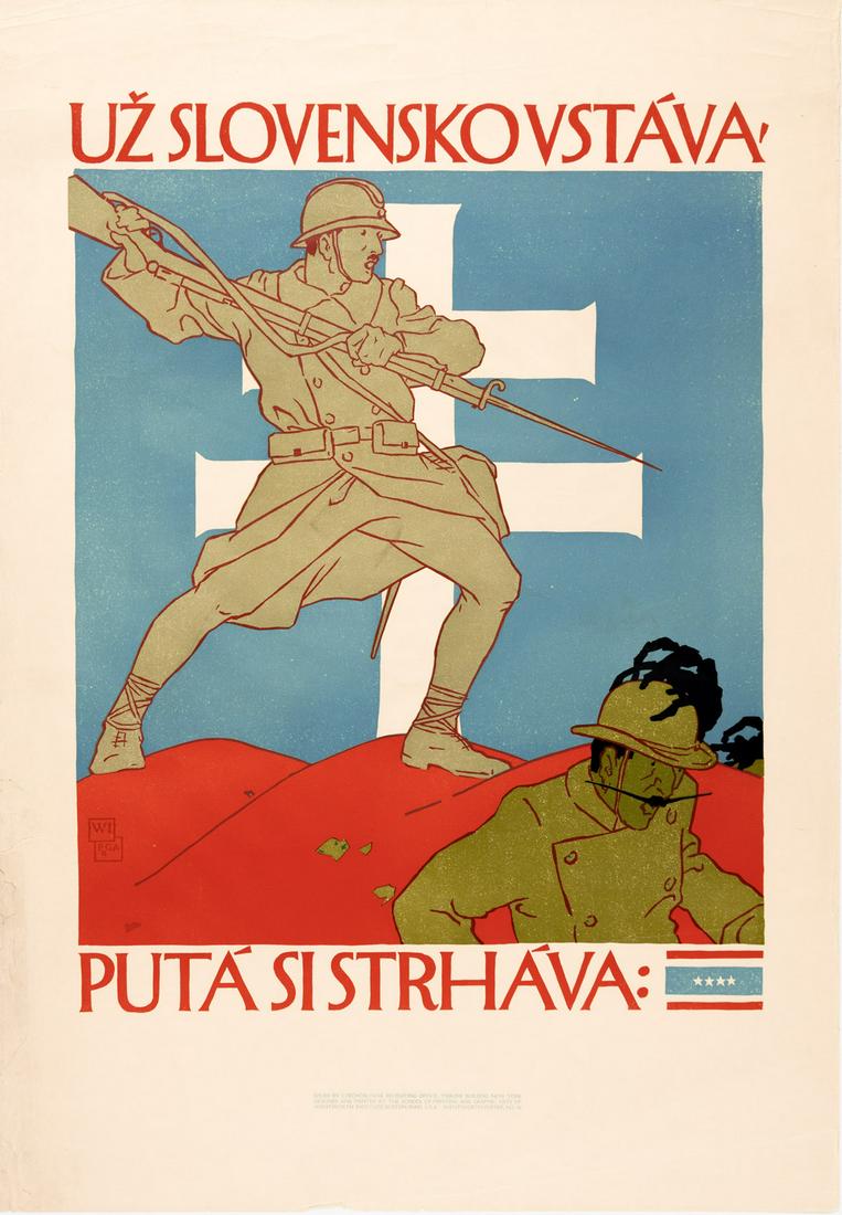 VOJTECH PREISSIG (1873-1944). SLOVENSKO VSTÁVA / PUTÁ SI STRHÁVA. 1918. 36x25: VOJTECH PREISSIG (1873-1944) SLOVENSKO VSTÁVA / PUTÁ SI STRHÁVA. 1918. 36x25 inches, 91½x63½ cm. Wentworth Institute, Boston. Condition B+: small tears and repaired tears at e