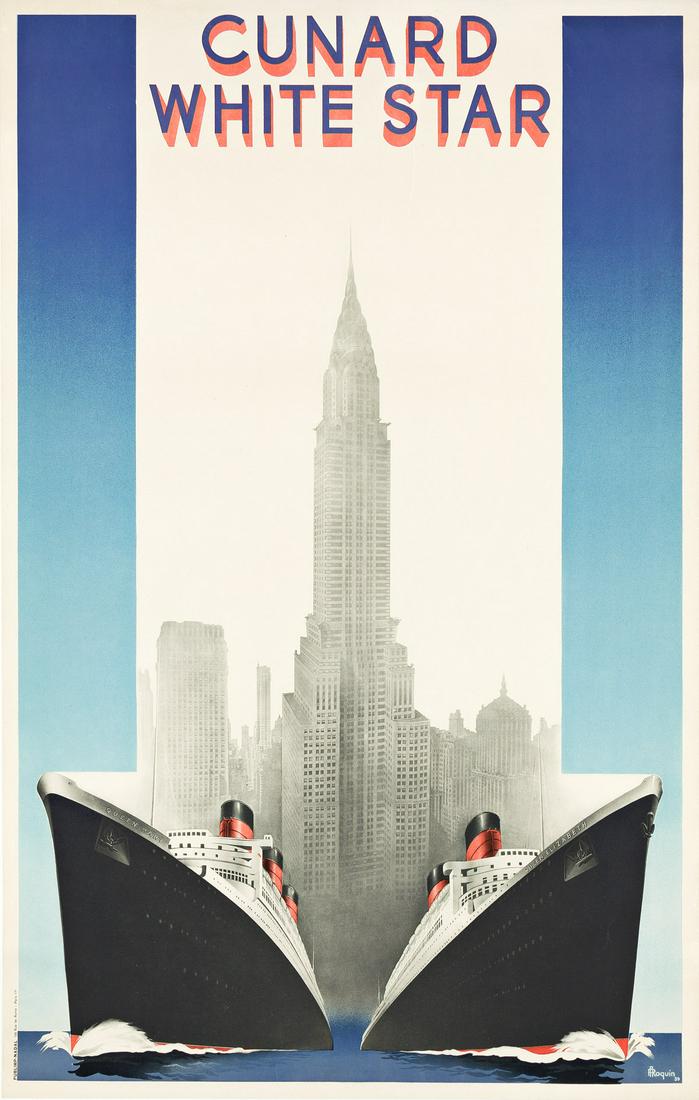 A. ROQUIN (DATES UNKNOWN). CUNARD WHITE STAR / [QUEEN MARY & QUEEN ELIZABETH]. 1939. 38¾: A. ROQUIN (DATES UNKNOWN) CUNARD WHITE STAR / [QUEEN MARY & QUEEN ELIZABETH]. 1939. 38¾x24¼ inches, 98½x61½ cm. Nadal, Paris. Condition B+: expertly-repaired tears at top center ed