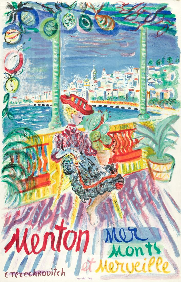 CONSTANTIN TERECHKOVITCH (1902-1978). MENTON / MER MONTS ET MERVEILLE. Circa 1960. 38½x24¼: CONSTANTIN TERECHKOVITCH (1902-1978) MENTON / MER MONTS ET MERVEILLE. Circa 1960. 38½x24¼inches, 97¾x61½ cm. Mourlot, Paris. Condition B+ / B: repaired tears at edges; tape on vers
