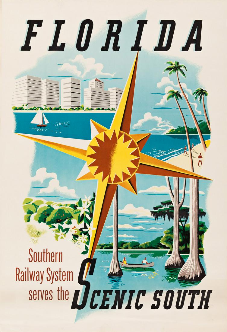 DESIGNER UNKNOWN.  FLORIDA / SOUTHERN RAILWAY SERVES THE SCENIC SOUTH. Circa 1950s. 32x22 inches, (1 of 1)
