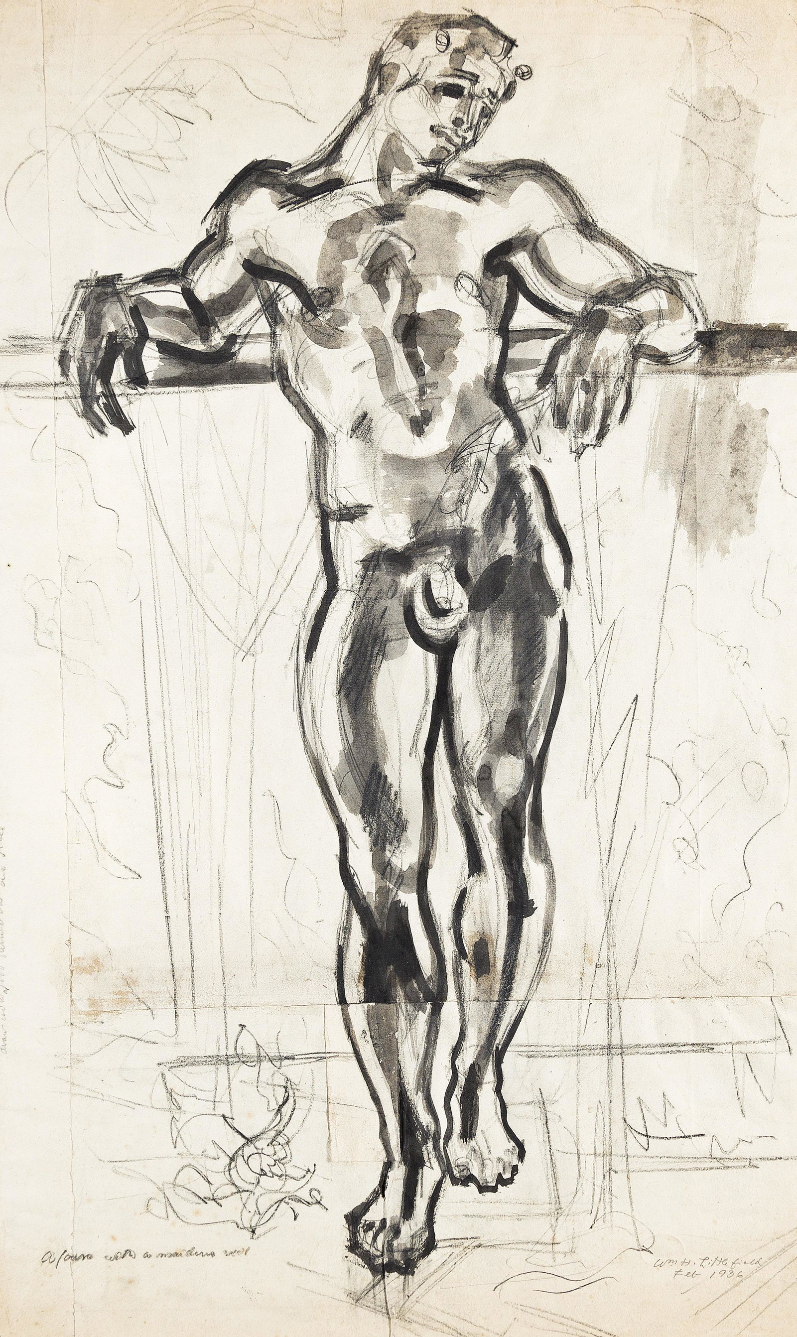 WILLIAM H. LITTLEFIELD (1902-1969) Standing Nude.: WILLIAM H. LITTLEFIELD (1902-1969) Standing Nude. Brush and ink and charcoal on joined cream wove paper. 805x490 mm; 31¾x19¼ inches. Signed and dated in pencil, lower right recto, and with a
