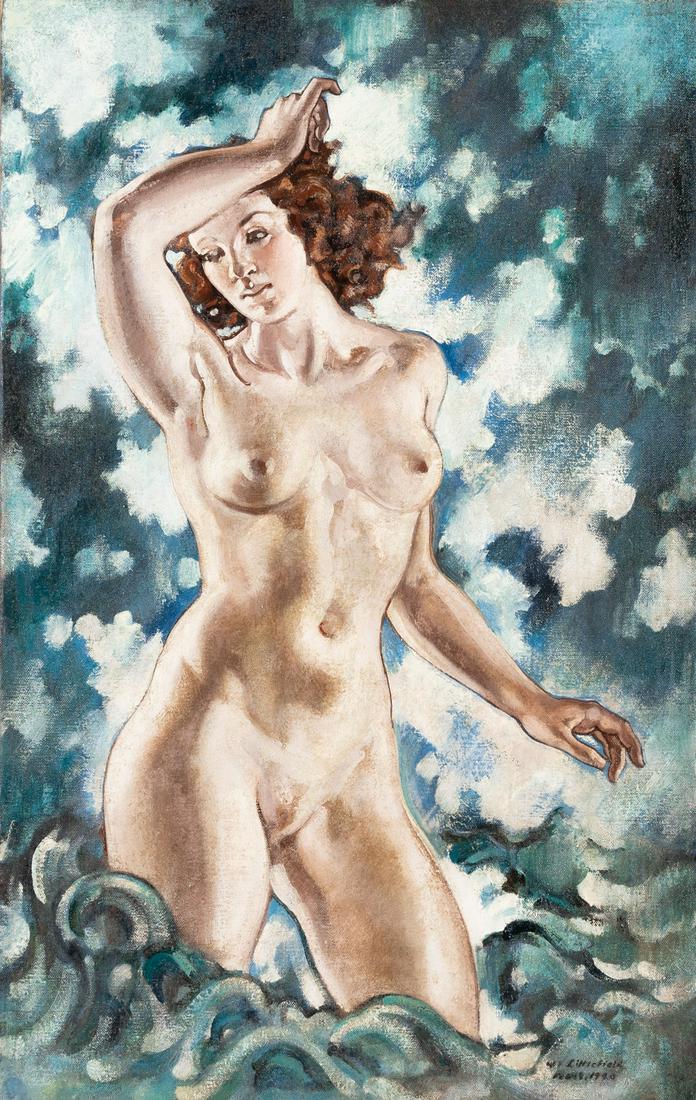 WILLIAM H. LITTLEFIELD (1902-1969) Untitled (Nude).: WILLIAM H. LITTLEFIELD (1902-1969) Untitled (Nude). Oil on linen canvas. 890x560 mm; 35x22 inches. Signed and dated in oil, lower right. Signed, dated and inscribed "repainted over original of 1934 | 