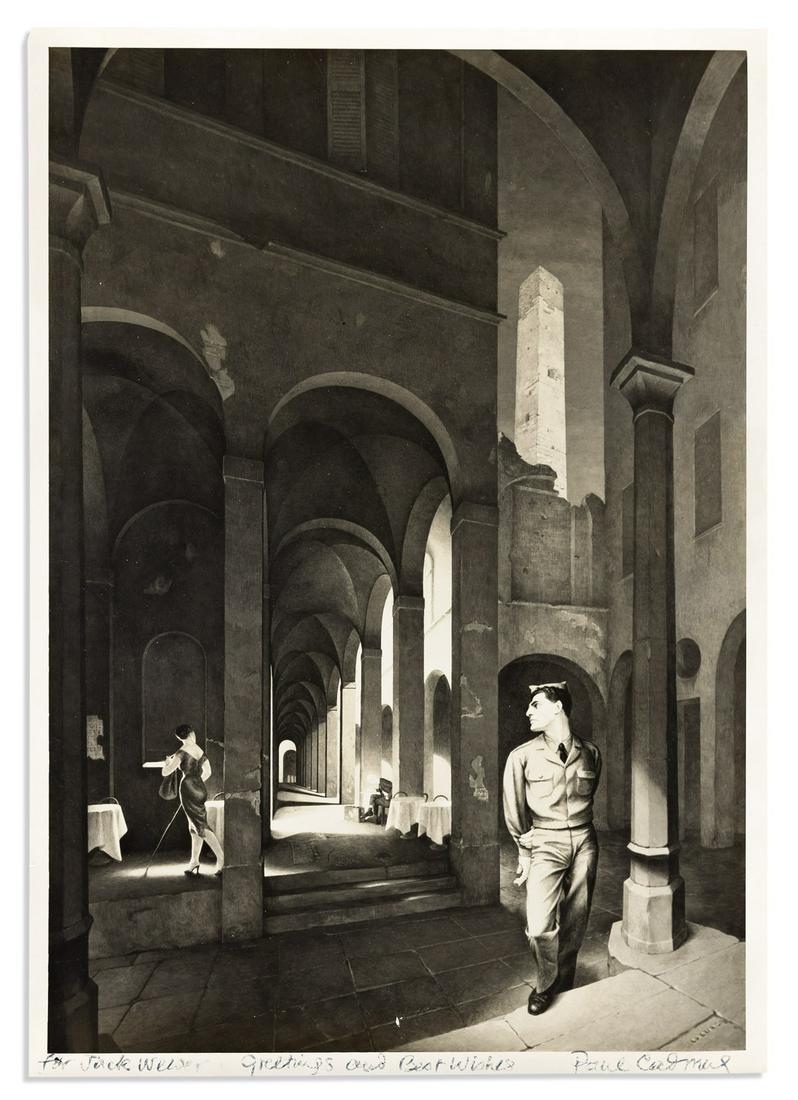 PAUL CADMUS (1904-1999) Reproduction of his painting Night in Bologna Signed and Inscribed, twice:: PAUL CADMUS (1904-1999) Reproduction of his painting Night in Bologna Signed and Inscribed, twice: "for Jack Weiser / greetings, Best wishes / Paul Cadmus." Inscribed in blank lower margin, and again 