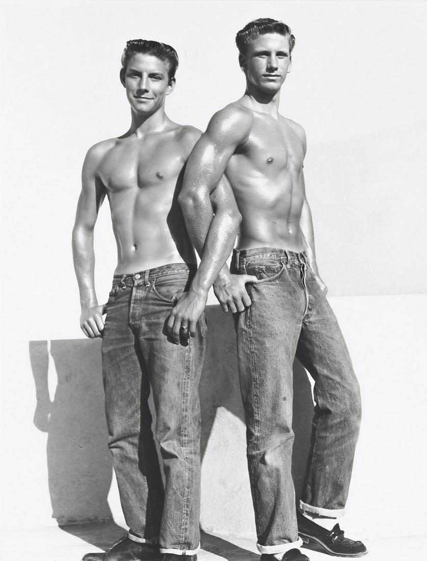 BOB MIZER (1922-1992) Athletic Model Guild, Ted Bentley & Dick Kreutel.: BOB MIZER (1922-1992) Athletic Model Guild, Ted Bentley & Dick Kreutel. Silver print, the image measuring 483x381 mm; 19x15 inches, the sheet slightly larger, with the Bob Wizer/Athletic Model Guild 1