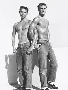 BOB MIZER (1922-1992) Athletic Model Guild, Ted Bentley & Dick Kreutel.: BOB MIZER (1922-1992) Athletic Model Guild, Ted Bentley & Dick Kreutel. Silver print, the image measuring 483x381 mm; 19x15 inches, the sheet slightly larger, with the Bob Wizer/Athletic Model Guild 1