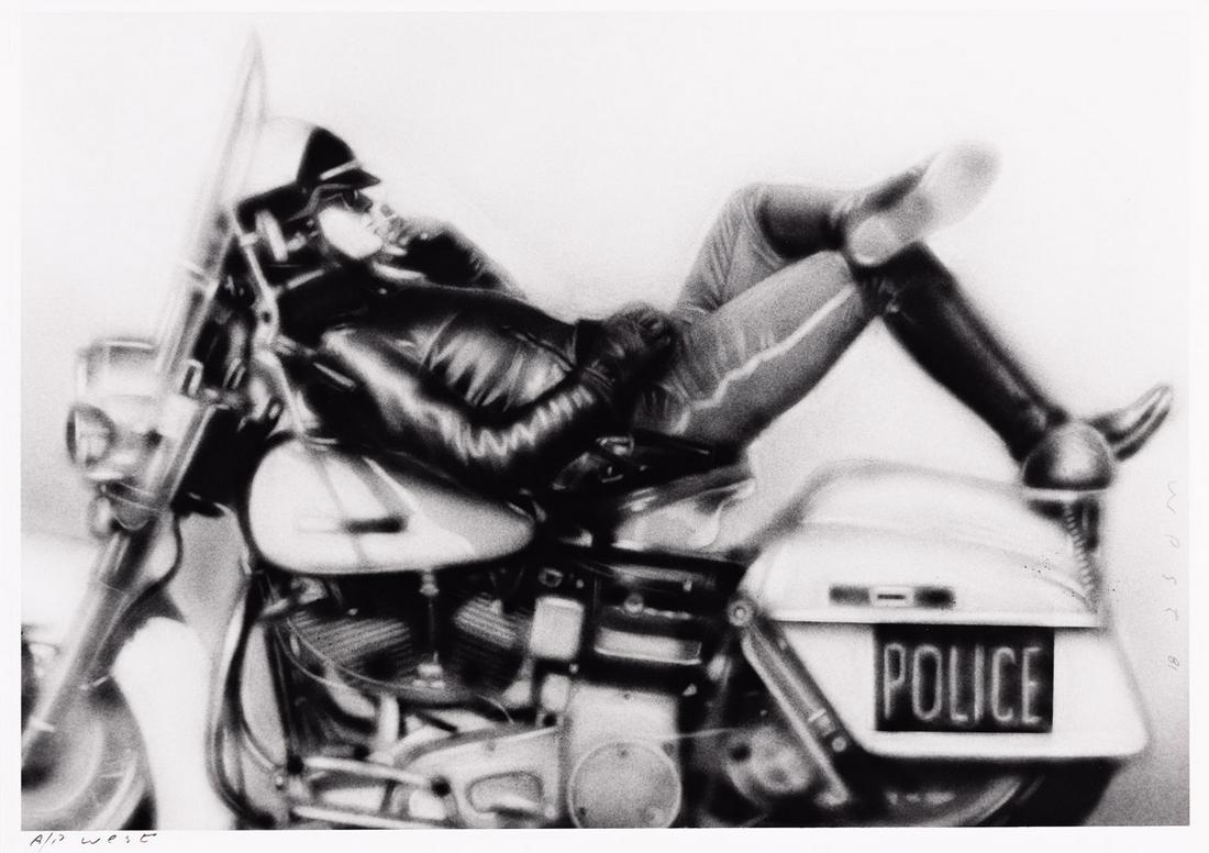 RANDAL (RANDY) WEST (DATES UNKNOWN) Reclining cop on motorcycle.: RANDAL (RANDY) WEST (DATES UNKNOWN) Reclining cop on motorcycle. Photographic copy print of a poster. 1981. 280x355 mm; 11x14 inches. Artist's proof signed "A/P West" and marked "West 81" in the image