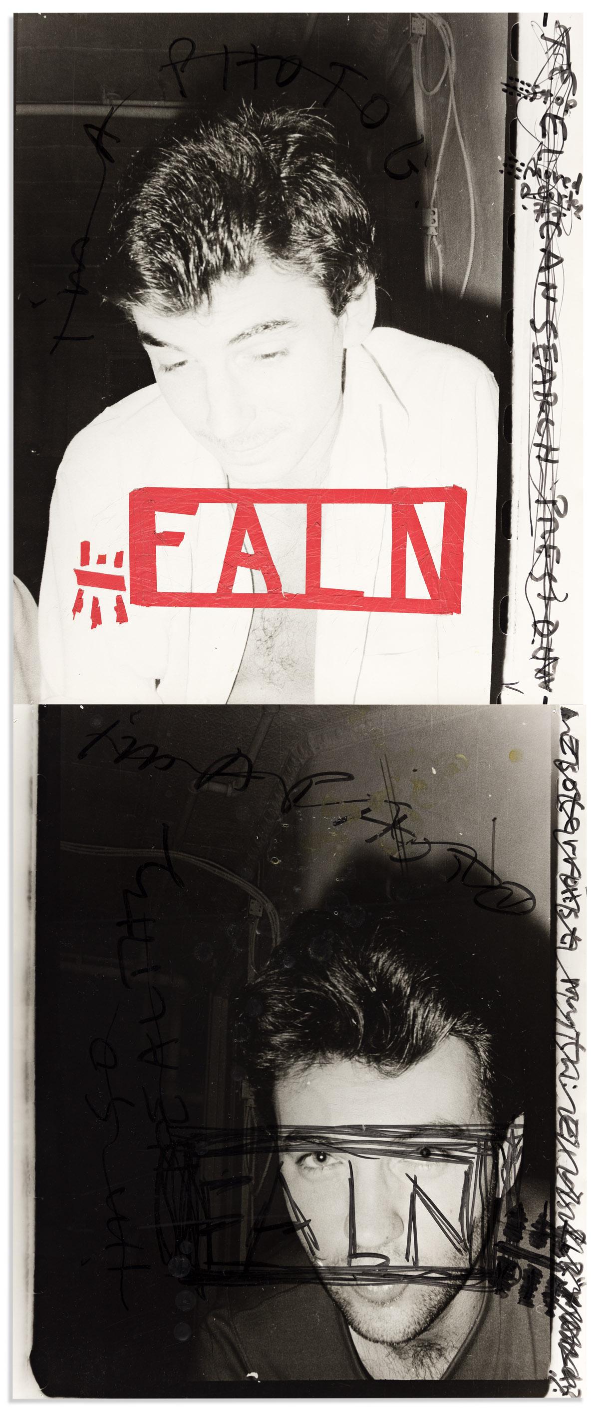 JIMMY DESANA (1949-1990) & DIEGO CORTEZ (1946-2021) El Cansearch Presidente, a diptych.: JIMMY DESANA (1949-1990) & DIEGO CORTEZ (1946-2021) El Cansearch Presidente, a diptych. A vertical mixed-media diptych. Silver prints (2) with tape, marker, and the artist's semen, each measuring 609x