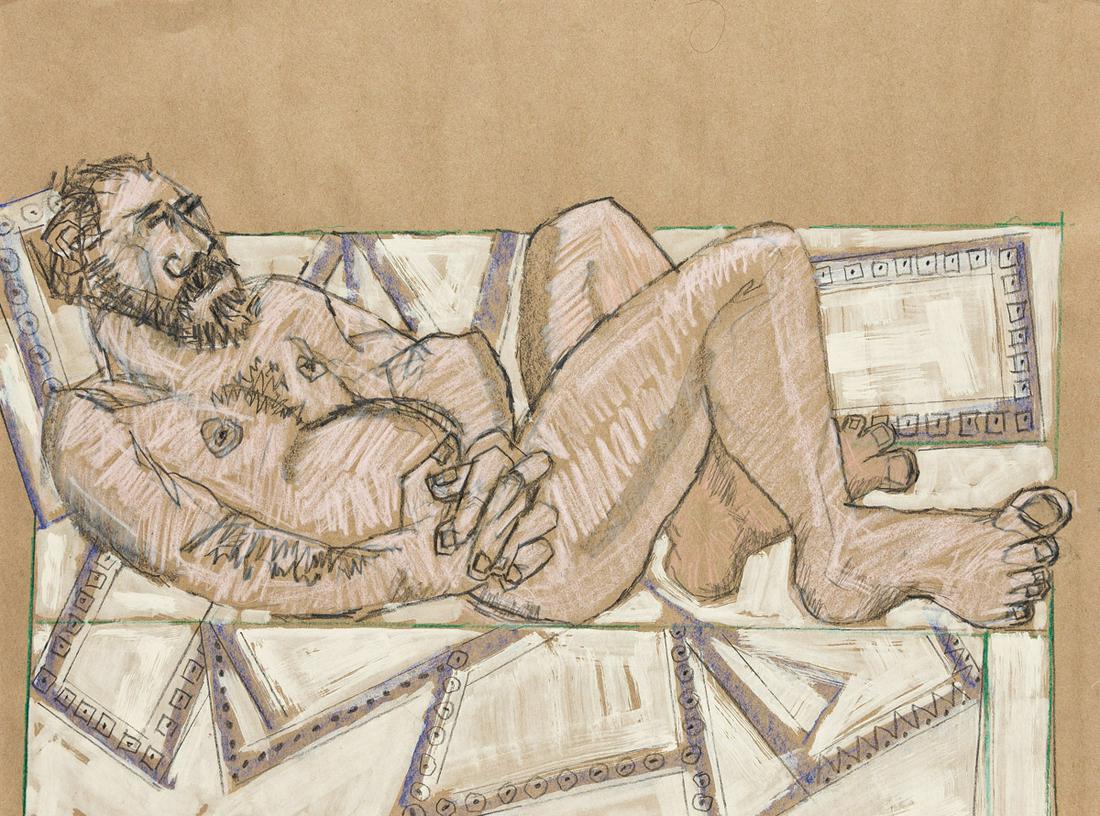 JONATHAN NED KATZ (1938 - ) Reclining Nude on a Sofa.: JONATHAN NED KATZ (1938 - ) Reclining Nude on a Sofa. Gouache and pastel on brown paper. 457x603 mm; 18x23 inches. Jonathan Ned Katz studied at New York's High School of Music and Art. From 1960 until