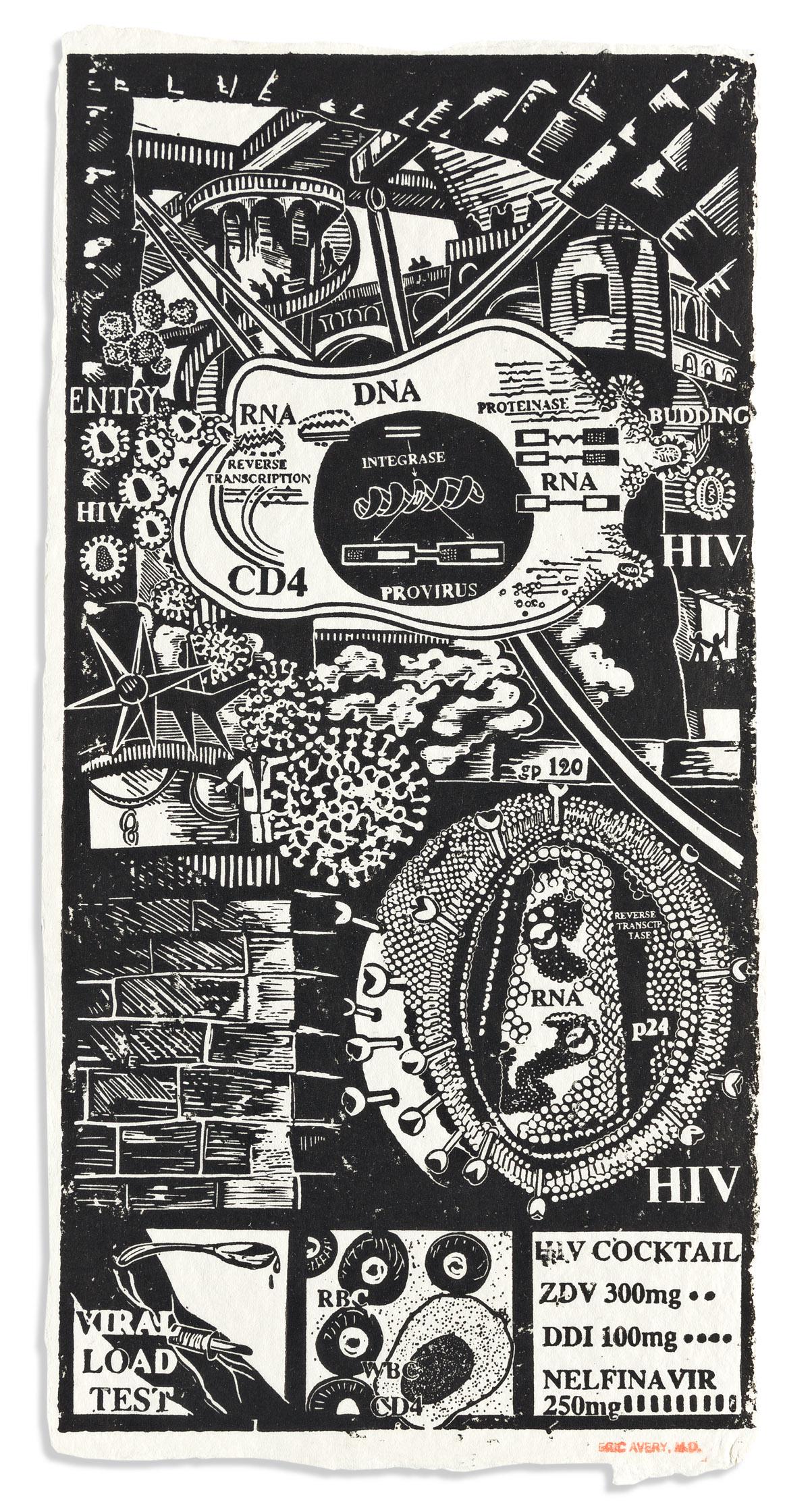 ERIC AVERY, M.D. (1948 - ) Lifecycle of HIV Showing Sites of Actions of Medications.: ERIC AVERY, M.D. (1948 - ) Lifecycle of HIV Showing Sites of Actions of Medications. Linoleum relief on Okawara paper, 254x127 mm; 9x5 inches, full margins. Stamped by the artist in red ink, lower mar