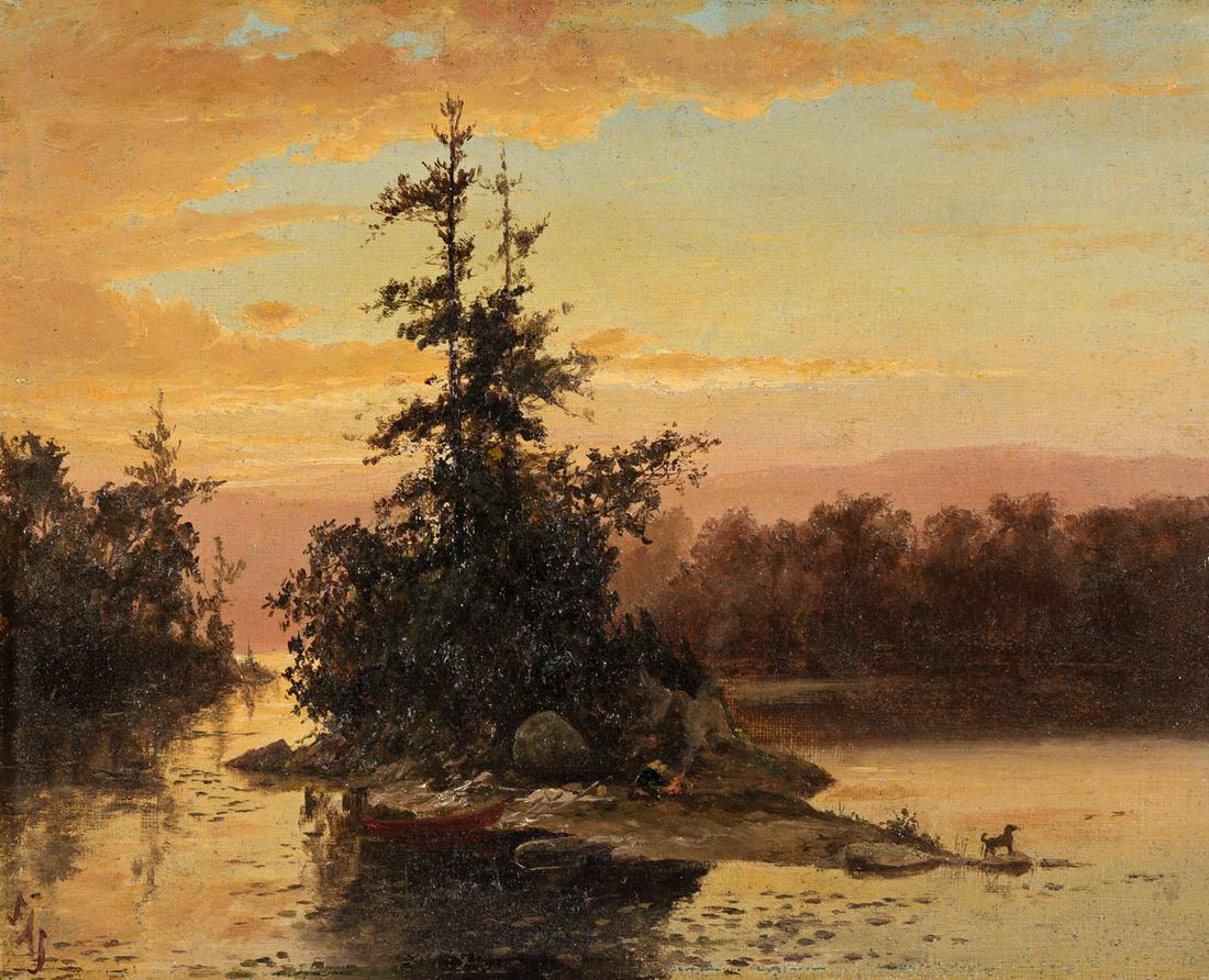 EDGAR ALGERNON JOSSELYN Sunset River Scene with Fisherman. (1 of 1)