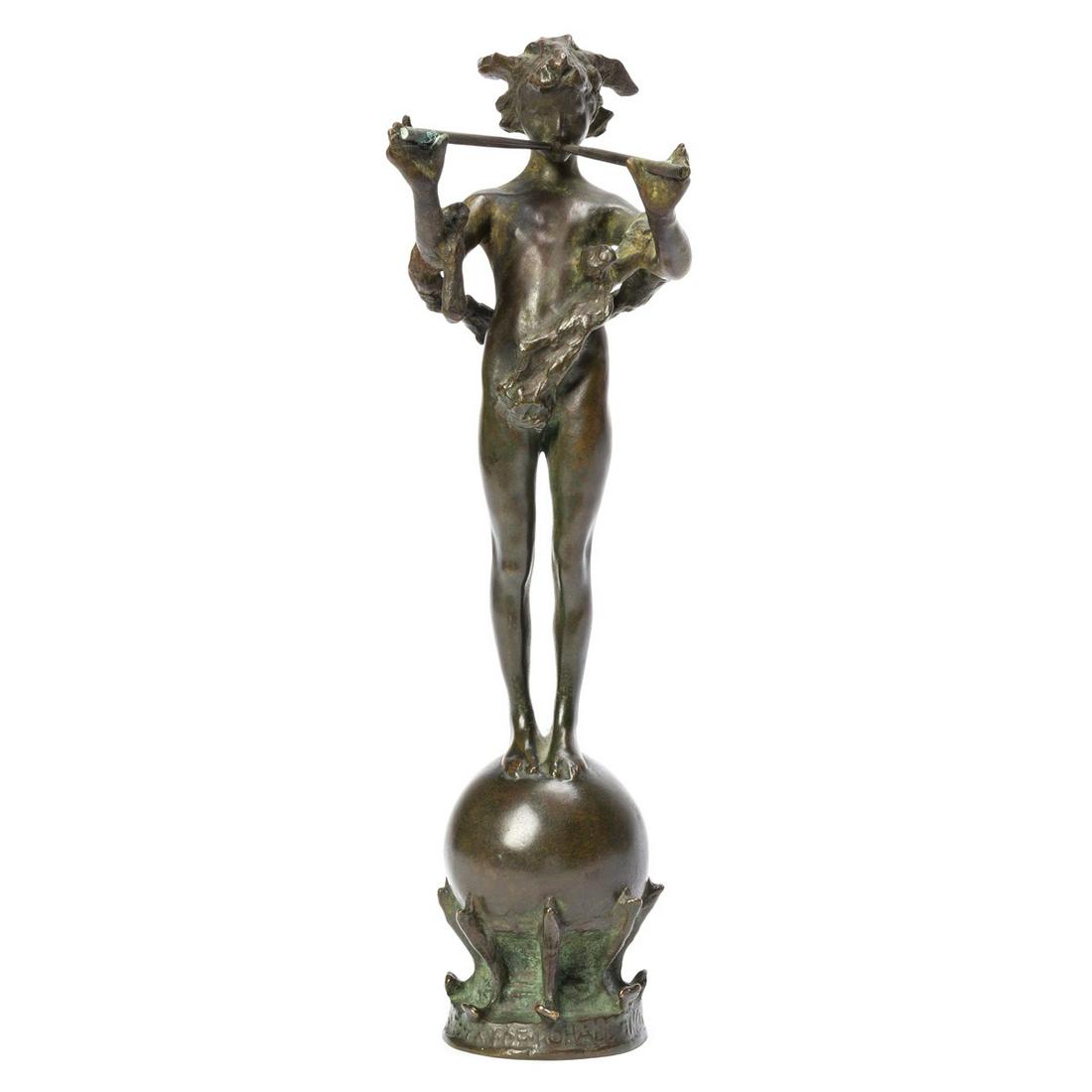 FREDERICK MACMONNIES Pan of Rohallion.: FREDERICK MACMONNIESPan of Rohallion.Bronze, 1890. 260 mm; 10¼ inches (height). With the artist's signature and date incised on the sphere and numbered 81 on the underside. Cast by H. Rouard Fo