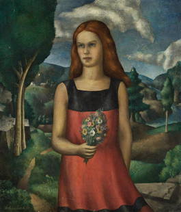 WARREN WHEELOCK Young Woman with Bouquet.: WARREN WHEELOCKYoung Woman with Bouquet.Oil on canvas, 1925. 537x460 mm; 21x18 inches. Signed and dated, lower left recto. Provenance: Doyle, New York, June 7, 1991; private collection, New Jersey.