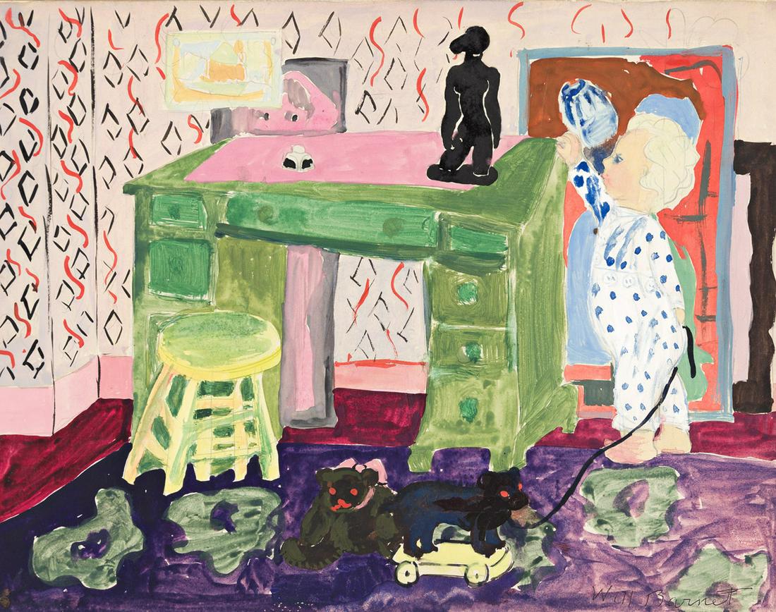WILL BARNET Child Reaching (Child in an Interior).: WILL BARNETChild Reaching (Child in an Interior).Watercolor on board, circa late 1930s. 265x340 mm; 10½x13½ inches. Signed in ink, lower right recto.Provenance: Acquired directly from th