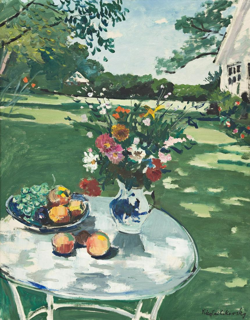 NICOLAI CIKOVSKY Summer Garden Still Life with Flowers and Fruit.: NICOLAI CIKOVSKYSummer Garden Still Life with Flowers and Fruit.Oil on canvas. 770x615 mm; 30½x24¼ inches. Signed in oil, lower right recto.Provenance: Private collection, New York.