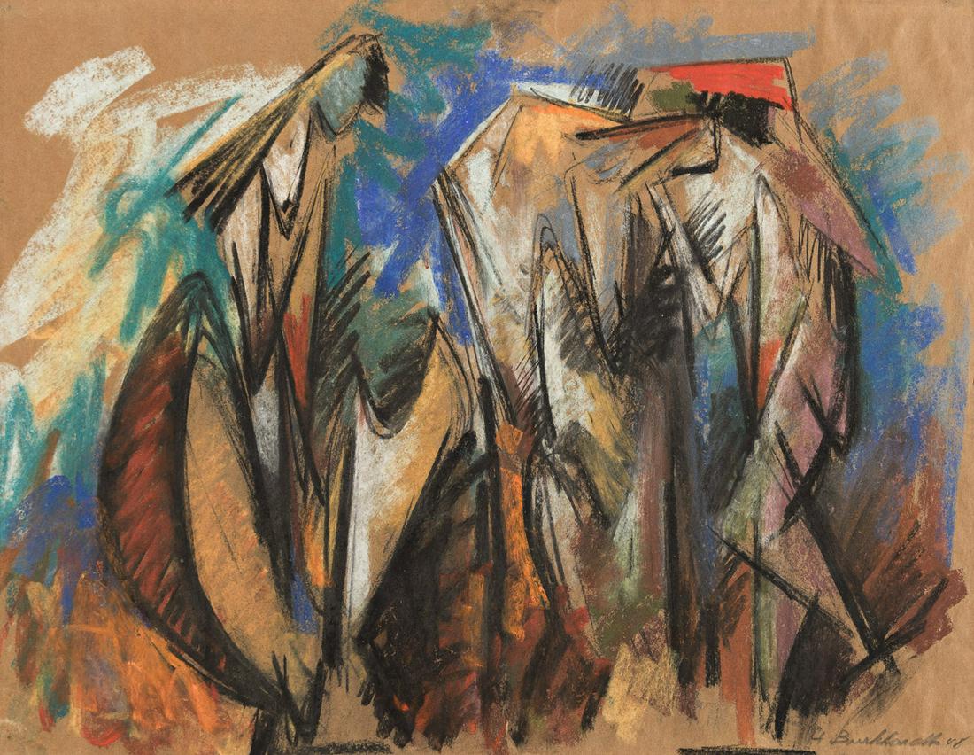 HANS BURKHARDT Three Figures.: HANS BURKHARDTThree Figures.Color pastels on paper, 1948. 445x570 mm; 17½x22 inches. Signed and dated in pencil, lower right recto.Provenance: Davidson Galleries, Seattle, with the label; priva