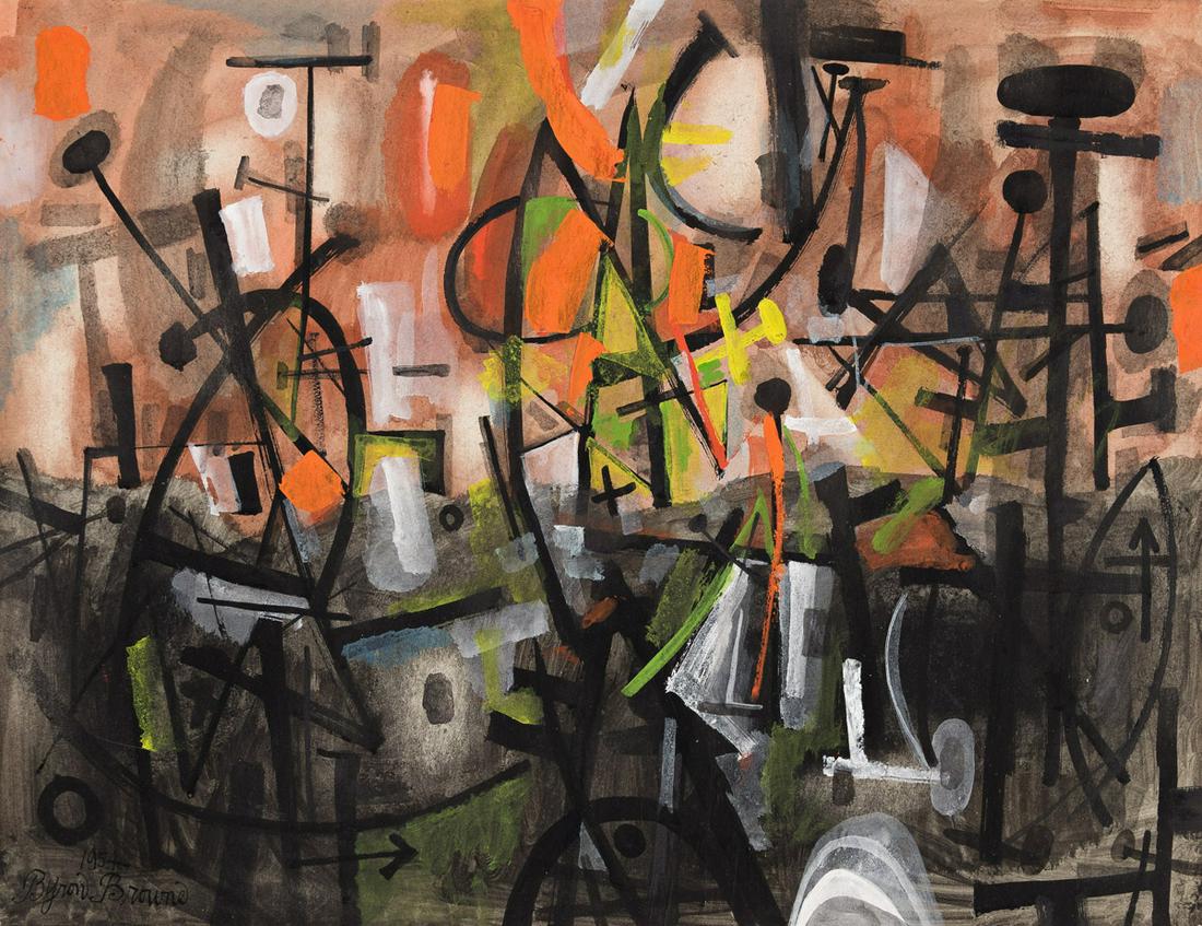 BYRON BROWNE Nocturne.: BYRON BROWNENocturne.Gouache and watercolor on paper, 1954. 510x660 mm; 20¼x26¼ inches. Signed and dated in gouache, lower left recto.Provenance: Harcourts Gallery, San Francisco, with t