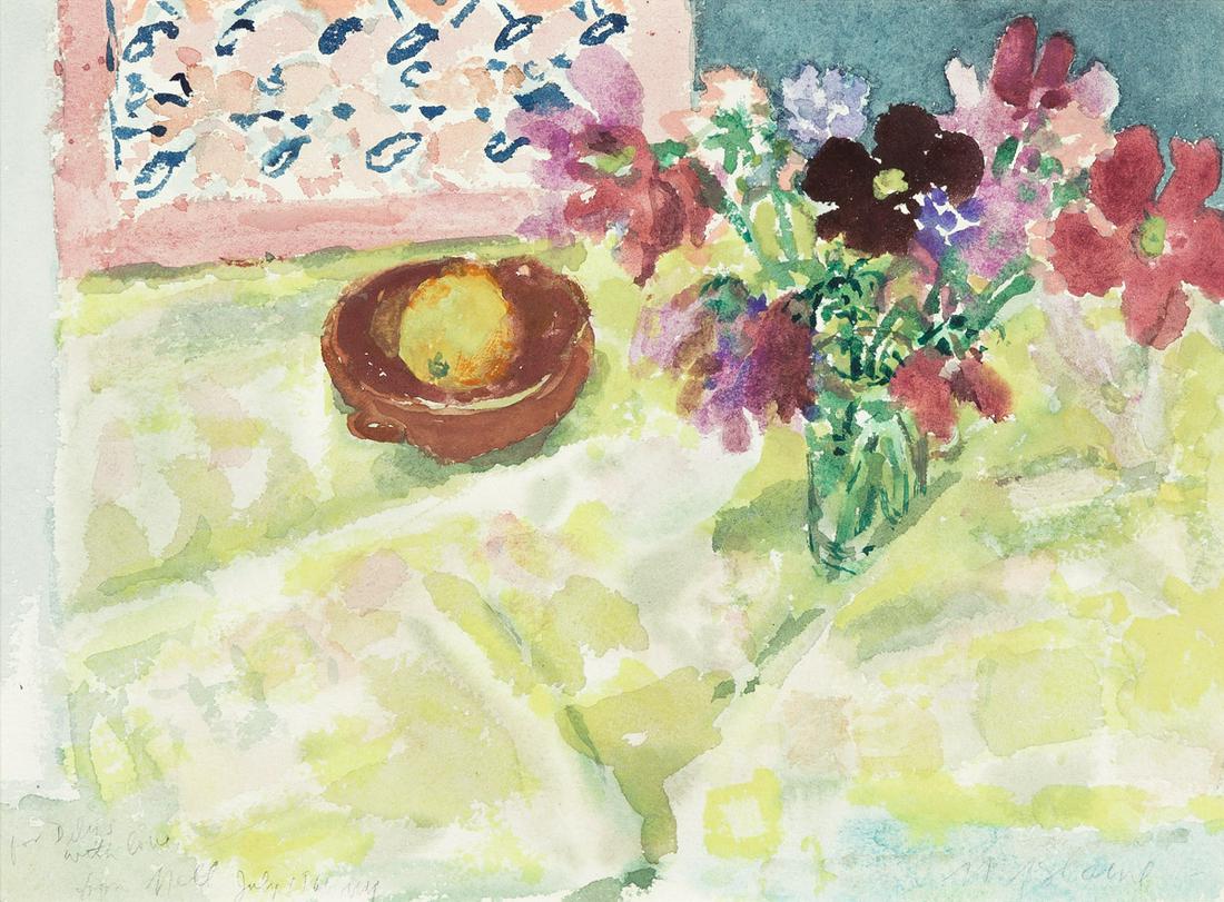 NELL BLAINE Still Life with Flowers.: NELL BLAINEStill Life with Flowers.Watercolor on paper, circa 1961. 230x310 mm; 9x12¼ inches. Signed and dedicated in pencil, lower recto.Provenance: The artist, New York; Dilys Evans, New York
