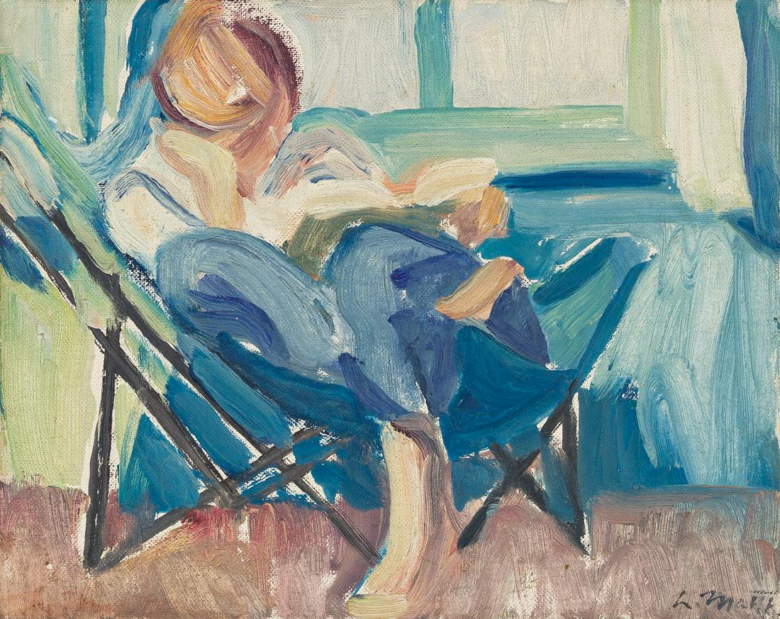 LOUISA MATTHIAS DOTTIR Model in a Butterfly Chair.: LOUISA MATTHIAS DOTTIR Model in a Butterfly Chair.Oil on canvas board, circa 1960. 202x252 mm; 8x10 inches. Signed in oil, lower right recto. Provenance: The artist Nell Blaine, New York; Dilys Evans,