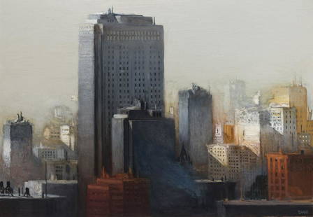 RICHARD BUNKALL Cityscape.: RICHARD BUNKALLCityscape.Oil on canvas, circa 1980. 1235x1780 mm; 48x70 inches. Signed in oil, lower right recto.