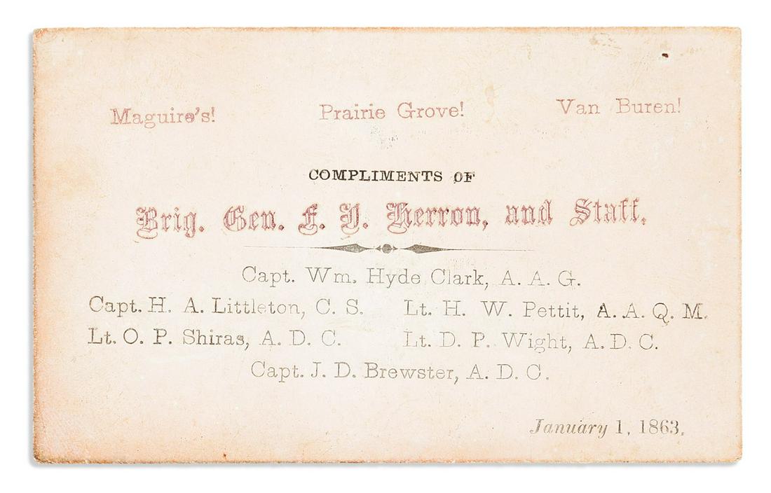 (CIVIL WAR--ARKANSAS.) War-date calling card printed for General Herron of the Army of the Frontier.: (CIVIL WAR--ARKANSAS.) War-date calling card printed for General Herron of the Army of the Frontier. Calling card, 2¼ x 3½ inches, printed in red and black on coated stock; minor toning. No