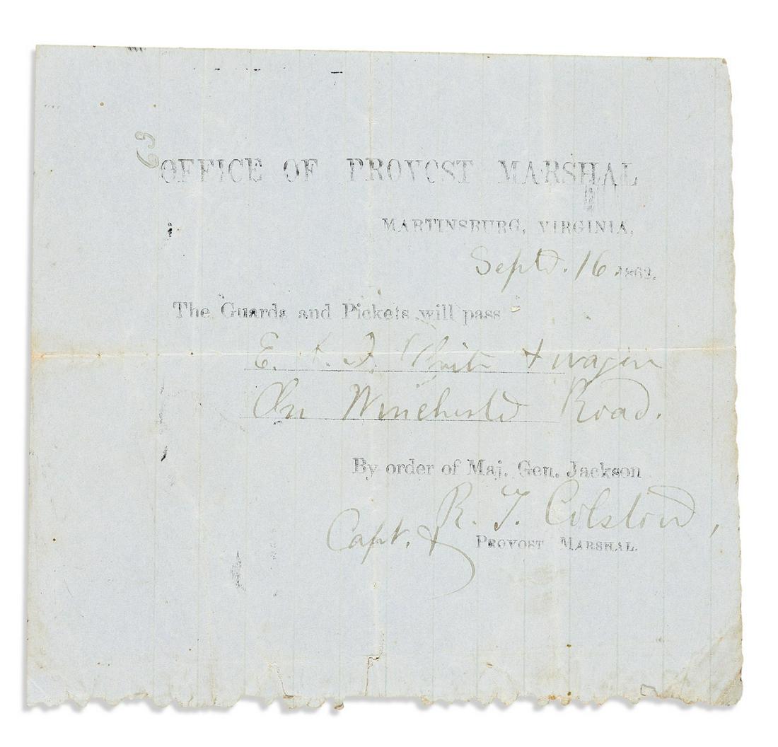 (CIVIL WAR--CONFEDERATE.) Pass issued to a wagoneer by order of Stonewall Jackson on the eve of (1 of 1)