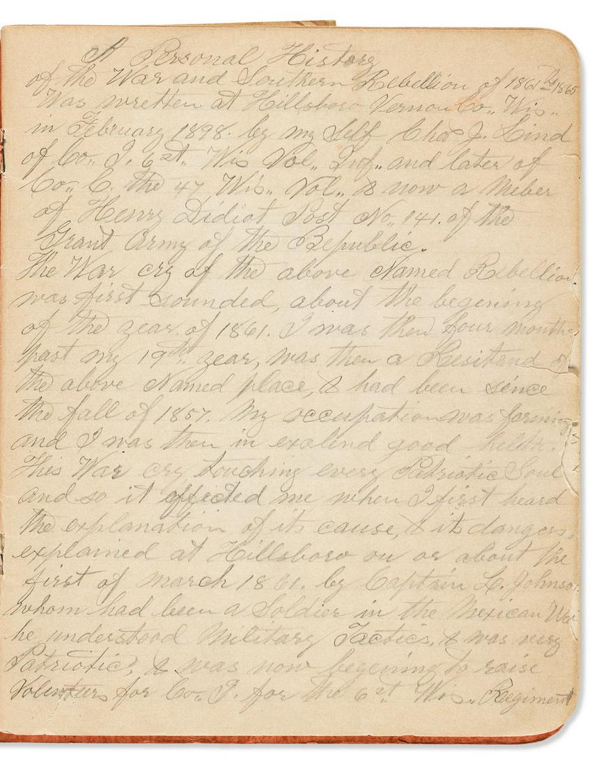 (CIVIL WAR--WISCONSIN.) Charles J. Lind. Extensive memoir of his service in the famed Iron Brigade (1 of 1)