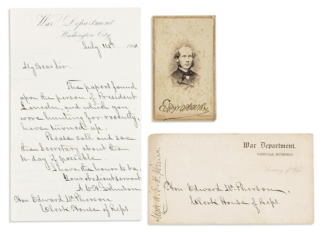 (ABRAHAM LINCOLN.) Albert E.H. Johnson. Letter regarding "the papers found upon the person of (1 of 1)