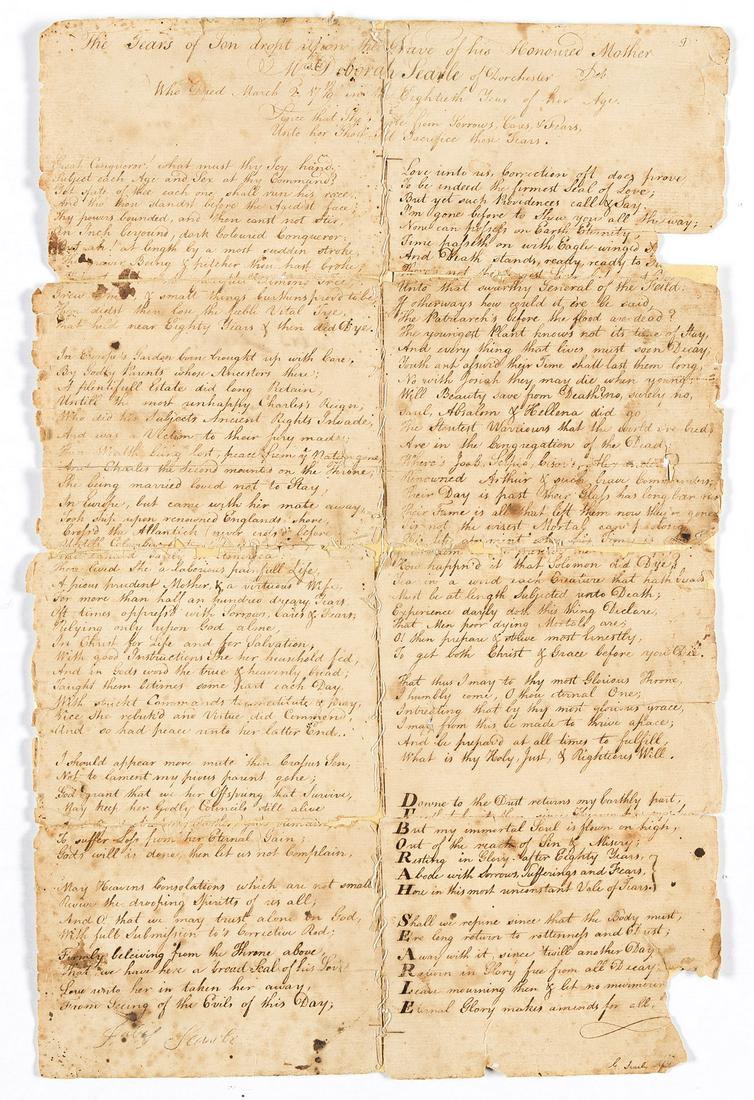 (MASSACHUSETTS.) The Tears of Son Dropt upon the Grave of his Honoured Mother, Mrs. Deborah Searle: (MASSACHUSETTS.) The Tears of Son Dropt upon the Grave of his Honoured Mother, Mrs. Deborah Searle of Dorchester. Manuscript poem, 15 x 9¾ inches, approximately 114 lines in two columns; worn wit