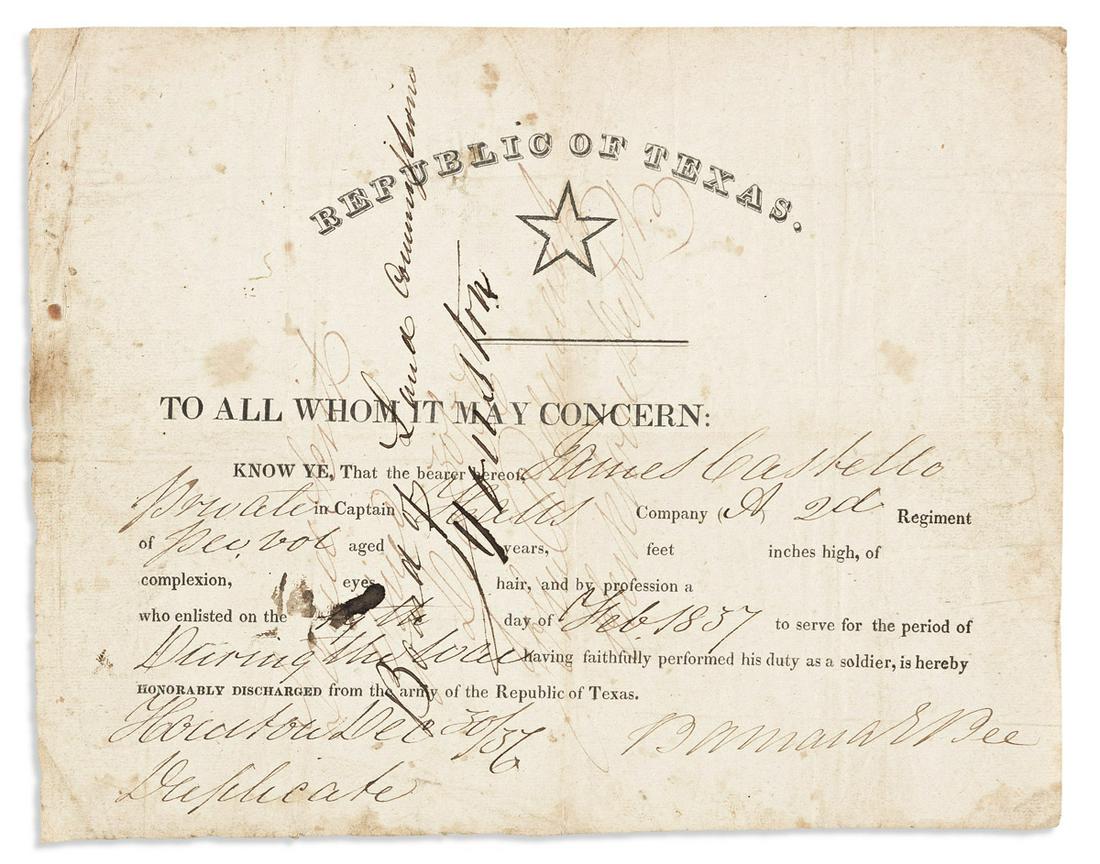 (WEST--TEXAS.) Discharge certificate from the Army of the Republic of Texas. (1 of 1)