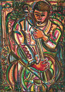 DAVID DRISKELL (1931 - 2020) The Bassist.: DAVID DRISKELL (1931 - 2020)The Bassist.Color lithograph, 2006. 760x540 mm; 29¾x21¼ inches, full margins. Signed, titled, dated and numbered 38/80 in white ink, lower edge. Printed and