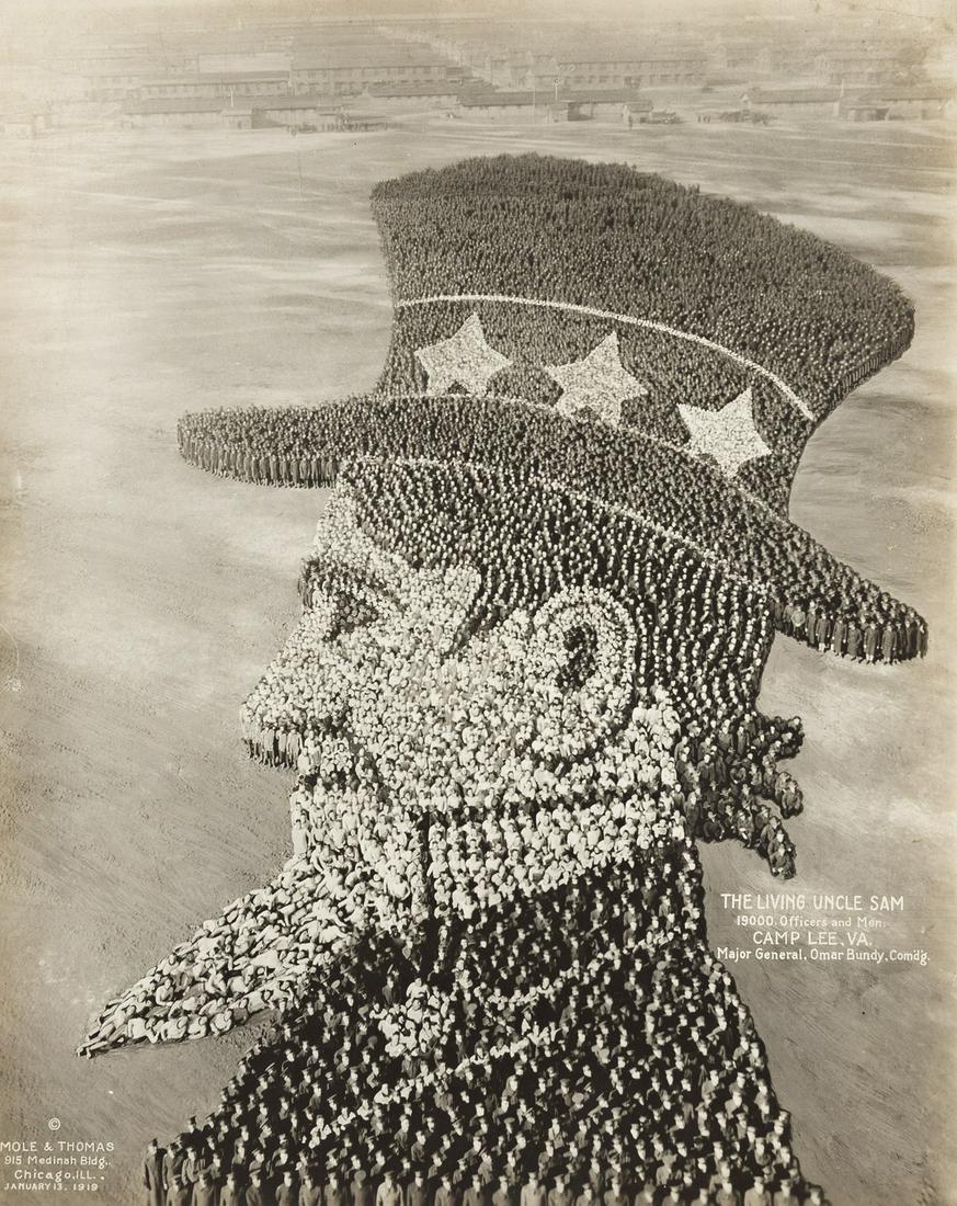 ARTHUR MOLE (1889-1983) & JOHN THOMAS (active 1918-1919) A group of 5 patriotic "living: ARTHUR MOLE (1889-1983) & JOHN THOMAS (active 1918-1919) A group of 5 patriotic "living photographs," each comprised of thousands of soldiers. Silver prints, the images measuring 13¼x10¼ inc