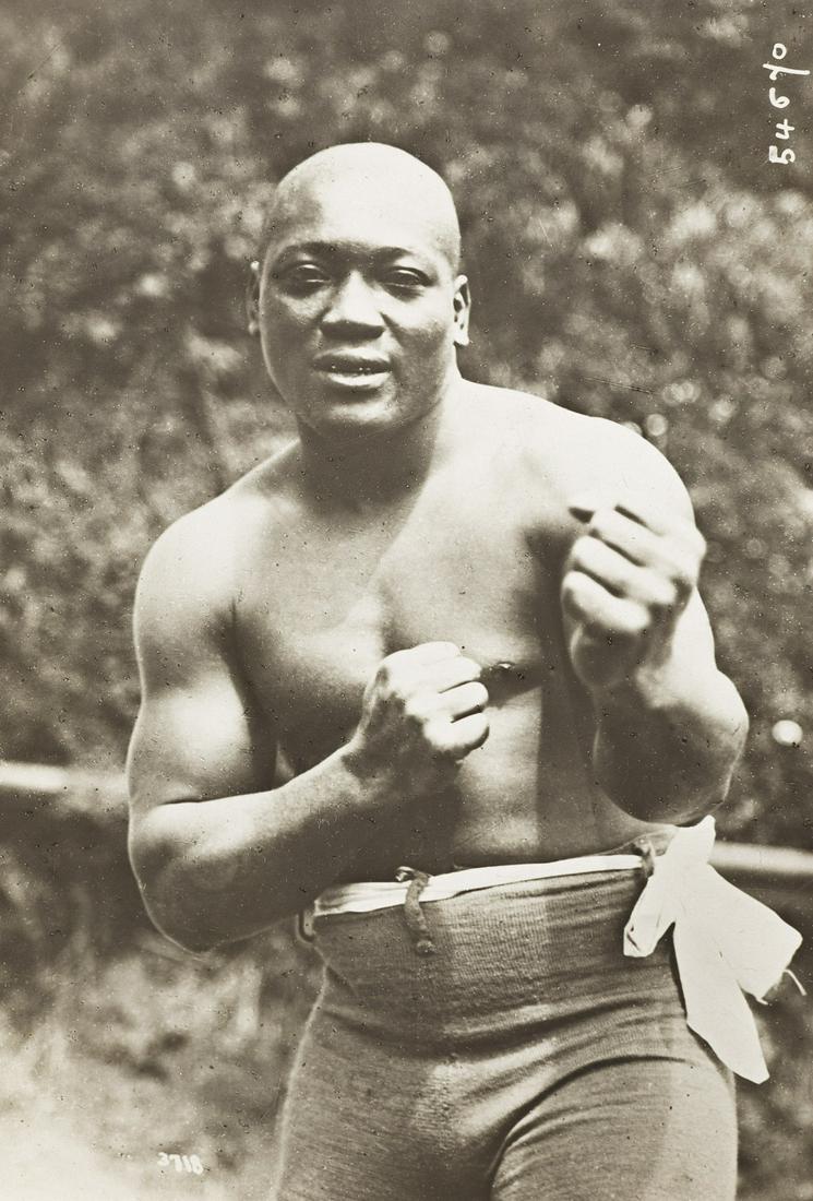 (SPORTS--BOXING) Portrait of Jack Johnson, nicknamed the "Galveston Giant," the first African: (SPORTS--BOXING) Portrait of Jack Johnson, nicknamed the "Galveston Giant," the first African American world heavyweight boxing champion. Silver print, the image measuring 6¼x4¼ inches (15.9