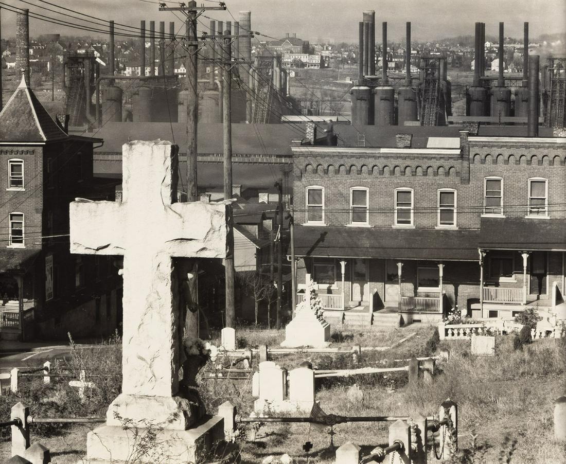 WALKER EVANS (1903-1975) Graveyard and Steel Mill, Bethlehem, Pennsylvania.: WALKER EVANS (1903-1975) Graveyard and Steel Mill, Bethlehem, Pennsylvania. Silver print, the image measuring 7½x9 inches (19.1x 23.8 cm.), the sheet slightly larger, with Evans' F.S.A. credit la