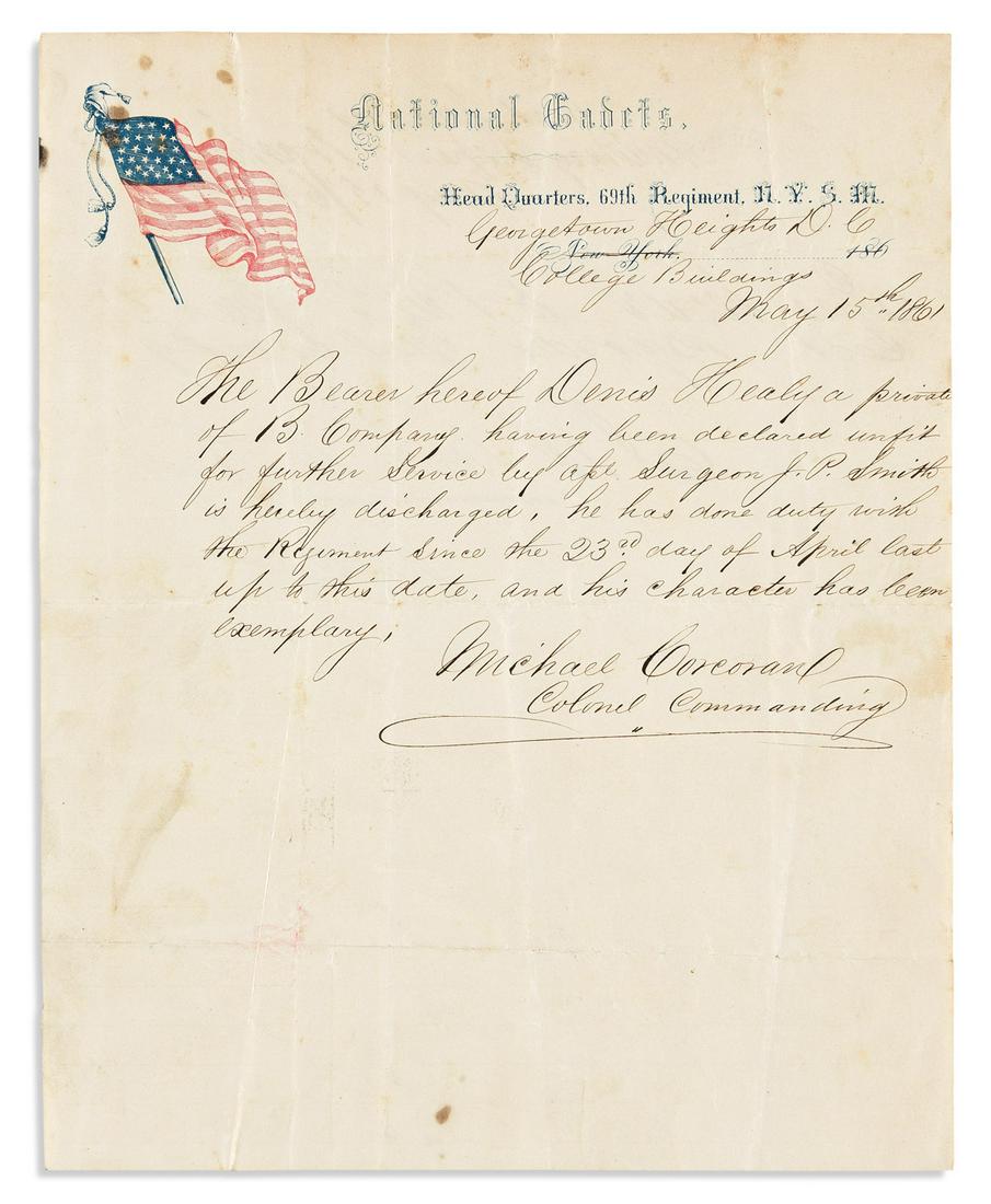 (CIVIL WAR.) CORCORAN, MICHAEL. Autograph Letter Signed, "Michael Corcoran / Colonel Commanding," to (1 of 1)